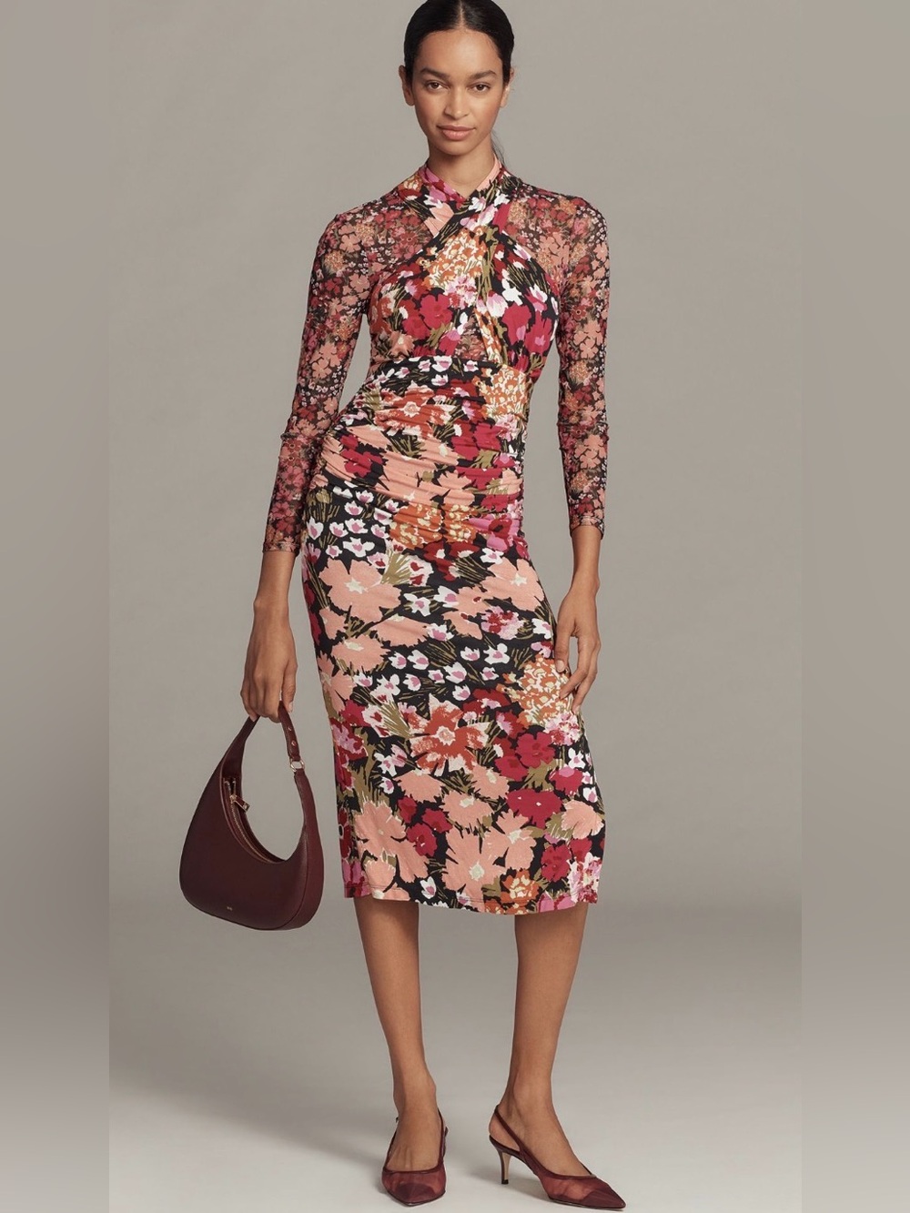 By Anthropologie Long Sleeve Halter Neck Mesh Midi Floral Dress Size Large - Picture 1 of 10